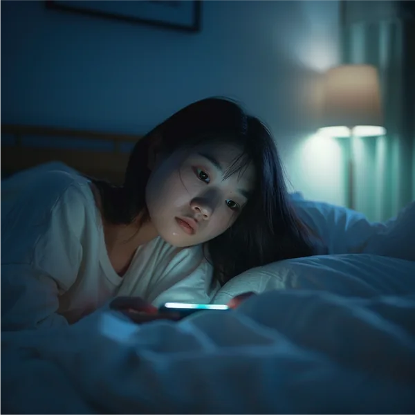 夜、ベッドでスマートフォンを見ている人